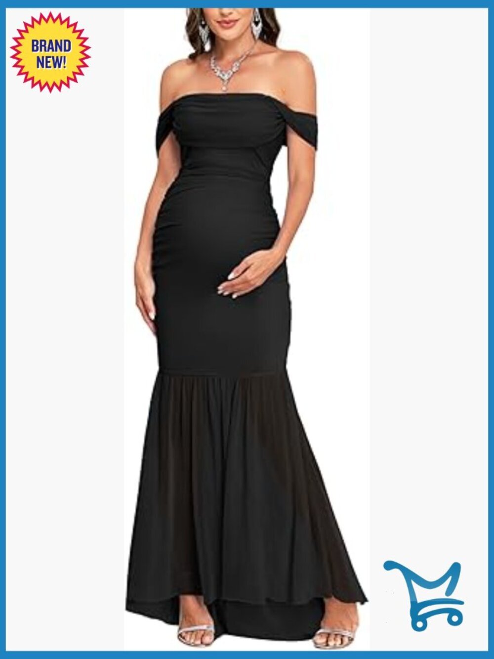 Off Shoulder Maternity Dress Mesh Mermaid Ruched Maxi Gown Baby Shower